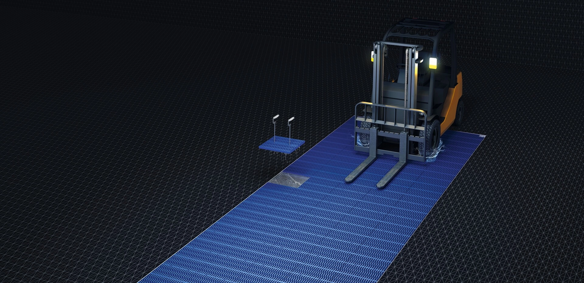 Forklift that passes over the Wave sanitizing mat while a tile is easily lifted showing the tub